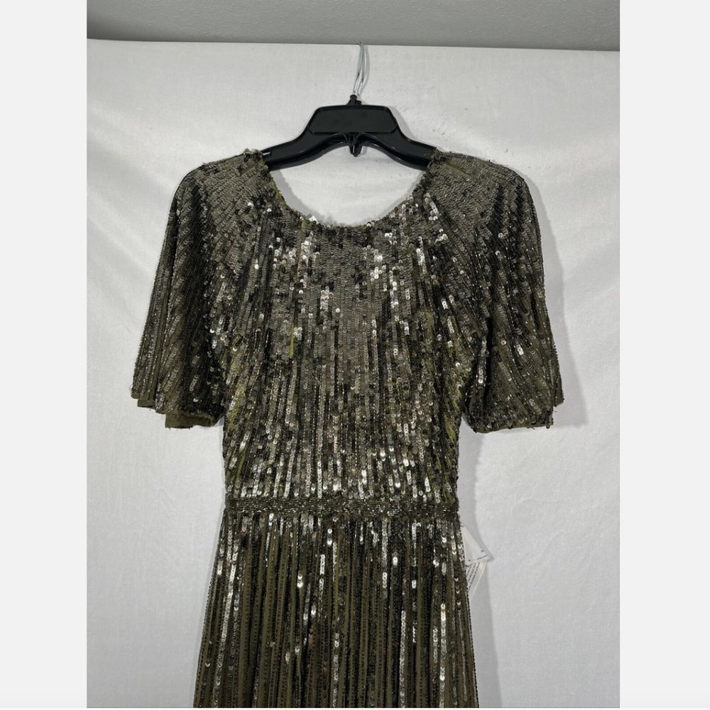 NEW $698 Mac Duggal [ 4 ] Short Sleeve Ombre Sequined‎ Evening Gown Olive #Q548 - Picture 4 of 16